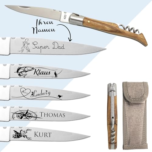 KDO MAGIC - Personalisiertes Messer - Klinge mit eingraviertem Vornamen - Korkenzieher - Klappmesser mit Gravur - Eschenholzgriff - Geschenk für Männer, Vatertag, Papa, Weihnachten von KDO MAGIC