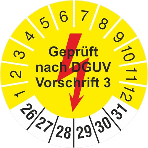 10 Stück 30 mm gelb geprüft nach DGUV Vorschrift 3 mit Blitz Prüfetiketten Prüfplakette 2026-31 von KDS