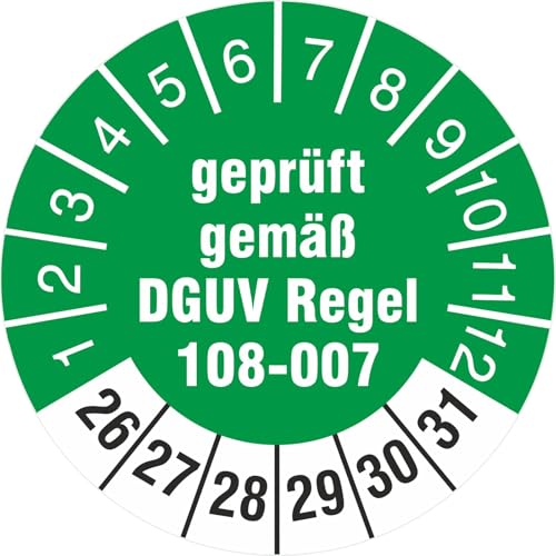 10 Stück geprüft nach DGUV Regel 108-007 Prüfetiketten/Prüfplaketten 30 mm rund Lagereinrichtungen und Geräte 2026-2031 von KDS