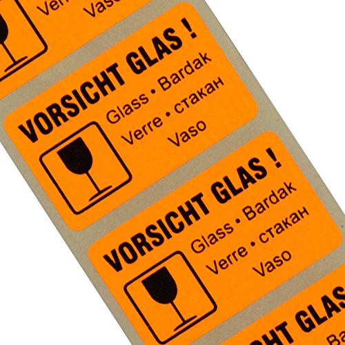 100 Etiketten "Vorsicht Glas/zerbrechlich" Haftpapier 38 x 23 mm leuchtend orange 5-sprachig von KDS