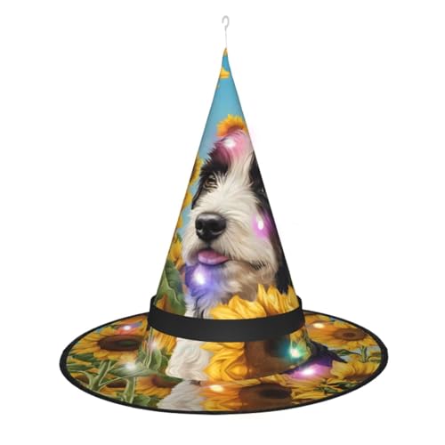 KDUBNJDS (Hund mit Sonnenblumen) Hexenhut für Damen, großer Halloween-Hexenhut für Erwachsene, breite Krempe, spitzer Hut, Kostüm, Party, Maskerade, Cosplay, Zubehör, Kopfdekoration von KDUBNJDS