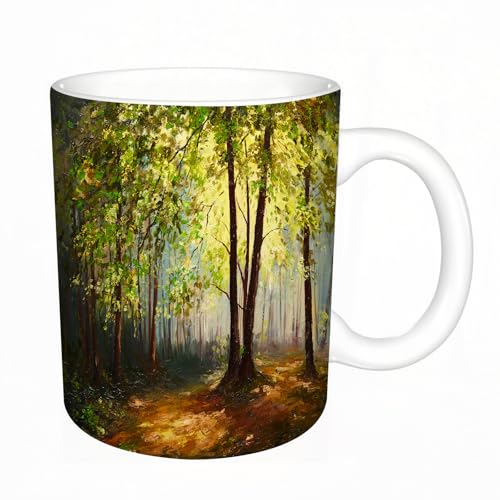 KDWJS Tasse Keramik Kaffeetassen Große 11oz Tassen 330ml Trinkgläser Mit Griff Personalisierte Geschenk Weiß,Natur, Wald Baum in Erde Farbe Effekte Frühling Wald Werke gemalt d von KDWJS