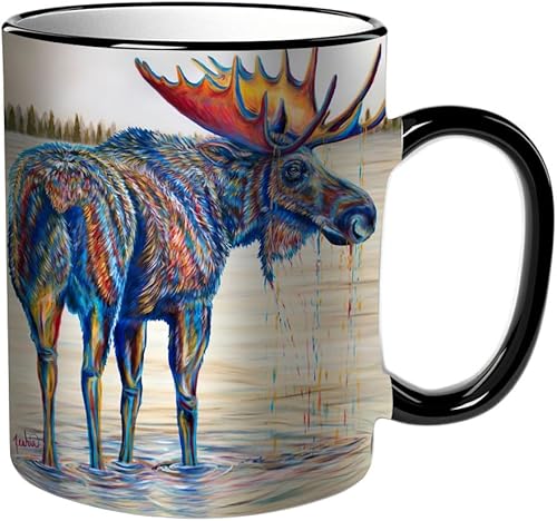 KDWJS Tasse Keramik Kaffeetassen Große 11oz Tassen 330ml Trinkgläser Mit Griff Personalisierte Geschenk Weiß,Wunderschönes Elchbullenbild im See. Mit Acrylfarben gemaltes Bild. von KDWJS