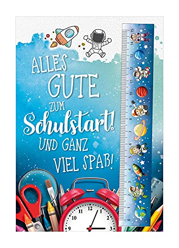 KE - Einschulungskarte für Kinder mit 3D Lineal, DIN B6 Klappkarte inkl. Umschlag, Schulstart Grußkarte - Motiv: Weltraum von KE