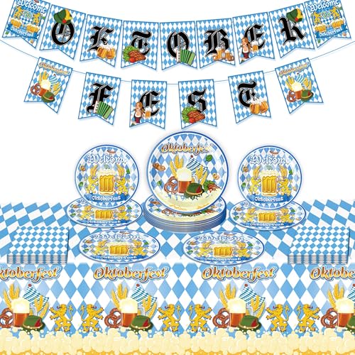 96 Stück Oktoberfest Deko Set, Bayrische Wiesn Dekoration, Oktoberfest Party Supplies, Oktoberfest Tischdecke, Oktoberfest Brieffahne Papierteller Servietten Bayrisch Stil Oktoberfest Party Dekoration von KEAGAN