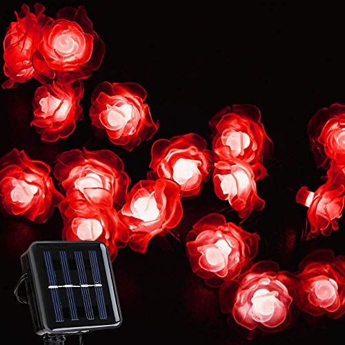 Solar Lichterketten, KEEDA 50 LED Rose Blume Lichterkette Wasserdichte dekorative Beleuchtung für Außen Patio Garten Hochzeit Weihnachten Party (Rot) von KEEDA