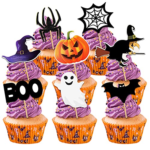 KEELYY Halloween Cupcake Toppers, 48 Stück Halloween Picks Kuchenaufsätze für Halloween Party Kuchen Muffin Käseplatte Vorspeisen Dekor, Kürbis Fledermaus Schädel Geist Spinne von KEELYY