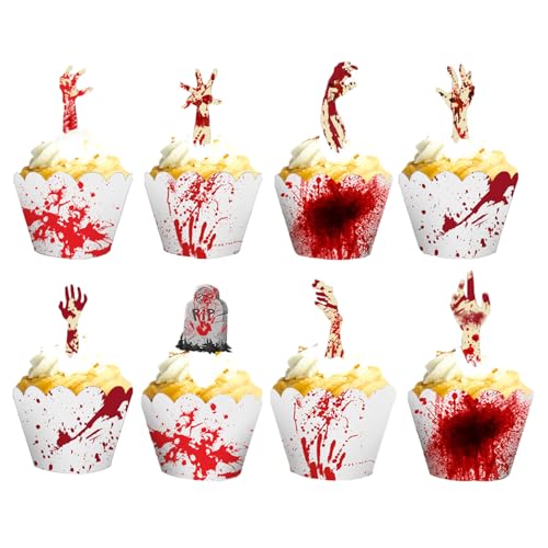 KEELYY 48 Stück Halloween Cupcake Topper Wrapper, Papier Cupcake Förmchen Tortendeko Halloween Deko Horror für Muffins Kuchen Käseplatte Vorspeisen für Halloween Party von KEELYY