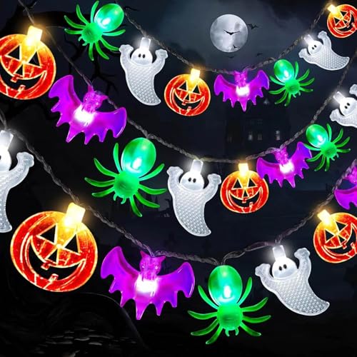 KEELYY Halloween Deko Lichterkette, 3m 20 LED Halloween Lichterkette, Kürbis Spinne Geister Fledermaus Bunt Halloween Deko Licht, Batteriebetriebene Beleuchtung für Halloween Party Innen Außen Garten von KEELYY