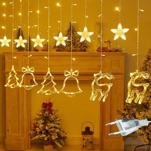 KEELYY Lichterkette mit 12 LED Sternen Elch Glocken Weihnachtsdeko Lichtervorhang mit 8 Modi Weihnachtsbeleuchtung Stimmungslichter Weihnachten Dekobeleuchtungkette für Fenster, Schlafzimmer, Innen von KEELYY