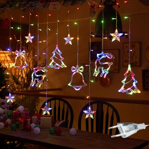 KEELYY Lichterkette mit 12 LED Sternen Elch Weihnachtsdeko Lichtervorhang mit 8 Modi Weihnachtsbeleuchtung Stimmungslichter Weihnachten Dekobeleuchtungkette für Fenster,Schlafzimmer,Innen - Bunt von KEELYY