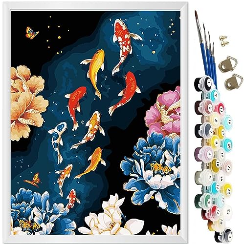 KEEMOSO Malen Nach Zahlen Erwachsene DIY Ölgemälde Leinwand Set mit 3 Pinsel und Acrylpigment für Frauen Home Deko- Koi Karpfen Ohne Rahmen 40 x 50 cm von KEEMOSO