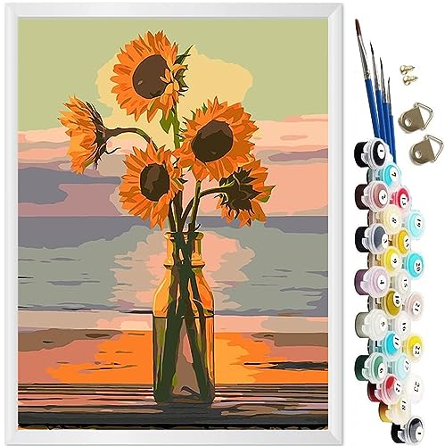 KEEMOSO Malen Nach Zahlen Erwachsene DIY Ölgemälde Leinwand Set mit 3 Pinsel und Acrylpigment für Frauen Home Deko- Strand Sonnenblume Ohne Rahmen 40 x 50 cm von KEEMOSO