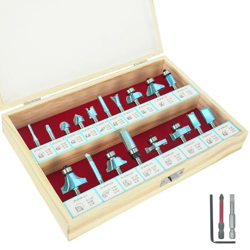 KEENTECH 18-teiliges Hartmetallbestücktes Fräser-Bit-Set, 6,35 mm Schaft, inklusive geraden, Runddover, Kernbox, Fase, bündige Zierleisten, Muster-Bits für Holz und Acryl, ideal für Profis und von KEENTECH