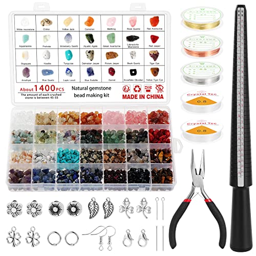 KEESIN Ringe Selber Machen Set,1600+ Schmuck Selber Machen Set 28 Farben kristalle set Naturedelstein Chip Perlen Unregelmäßig zerkleinerte Kristallstücke für Ringe, Ohrringe und Schmuckherstellung von KEESIN