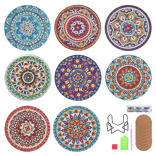 KEESIN Diamond Painting Untersetzer,8 Stück Diamond Art Untersetzer mit Halter klebendem Korkboden DIY Diamond Painting Coaster für Erwachsene Kinder Anfänger(Mandala A) von KEESIN