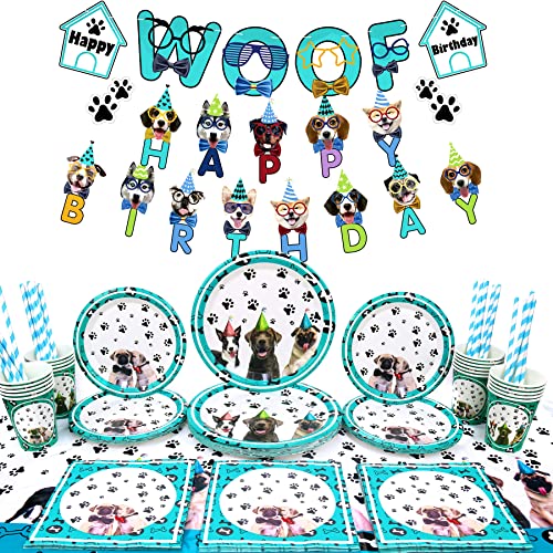 Dog Party Supplies Doggy Theme Geschirr Party Pack für Geburtstagsfeier inklusive Teller Tassen Servietten Tischdecke Strohhalme Banner für 20 Personen (Set A) von KEFAN