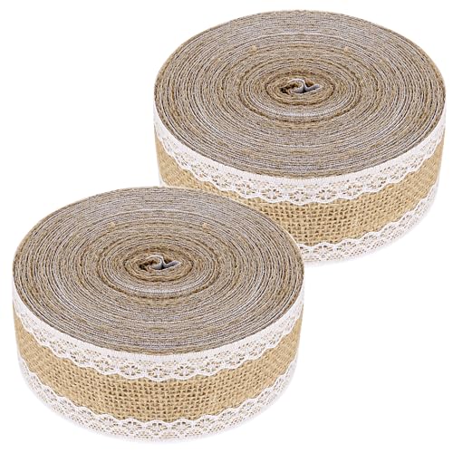 KEILEOHO 2 Rolle Juteband mit Spitze 5 cm x 10 m, Jute Spitzenband Vintage für Hochzeit, Geschenke, Deko von KEILEOHO