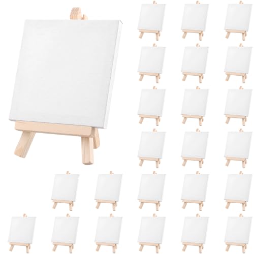 KEILEOHO 24 Stück Mini Leinwand mit Staffelei, 10 x 10 cm mini Leinwand mit 8 x 15 cm Staffelei, Klein Leinwand Staffelei Set für Hochzeit Dekoration von KEILEOHO