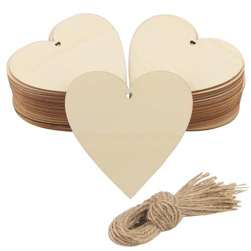 KEILEOHO 80 Stück 10 cm Holzherzen in Form mit Loch, 10 cm Holzherzen mit 80 Stück 30 cm natürlichen Bindfäden, Herz-Holzausschnitte mit Loch für Basteln, Hochzeiten, Dekoration, Partys, Jubiläen von KEILEOHO