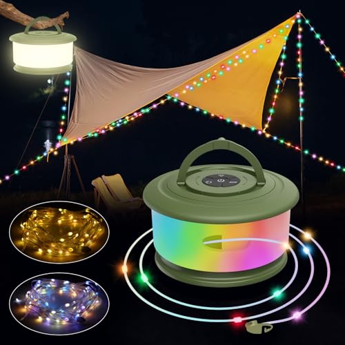 10 m Camping Lichterkette Aufrollbar, Musik Sync Farbwechsel RGB Outdoor Campinglampe with 19 Beleuchtungsmodi, USB Aufladung, 2-in-1 Tragbare LED Camping Licht für Camping, Hof und Wohnmobil Deko von KEIWRLIGHT