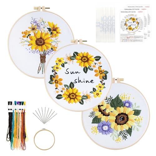 KEKEMEOW 3 Sets Stickset für Anfänger, Stiche mit Sonnenblumenmustern, Kreuzstich-Sets für Erwachsene, Nadelspitzen-Handstickset mit geprägtem Muster, Anleitung (evtl. nicht in deutscher Sprache), von KEKEMEOW