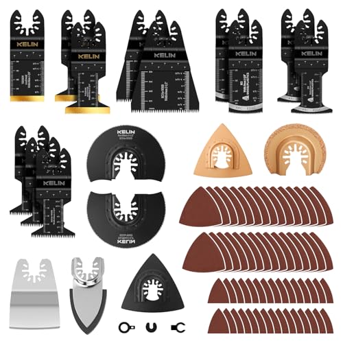 Multitool Sägeblätter, KELIN Multifunktionswerkzeug Zubehör 82tlg, Multimaster Sägeblätter mit Titan-Beschichtung, Japanischer Zahnung, Bogenkante, Holz Metall Multitool Zubehör (Nicht für Starlock) von KELIN