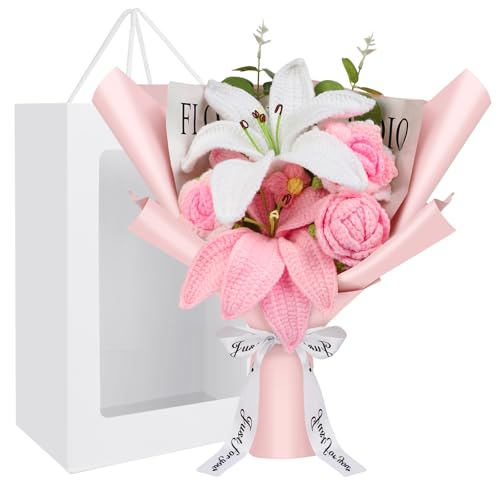 KELOVEYU Häkelblumen, gehäkelter Blumenstrauß mit Grußkarte, fertig, handgefertigt, gestrickte Blumen, Rosen und Lilien, Blumenstrauß für Muttertag, Valentinstag, Geburtstag, Abschlussfeier, Geschenk, KELOVEYU Häkelblumen, gehäkelter Blumenstrauß mit Grußkarte, fertig, handgefertigt, gestrickte Blumen, Rosen und Lilien, Blumenstrauß für Muttertag, Valentinstag, Geburtstag, Abschlussfeier, Geschenk, von KELOVEYU