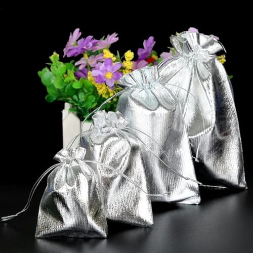 10 Stück Gold- und Silber-Organza 7 x 9 9 x 12 10 x 15 13 x 18 cm Weihnachtssüßigkeiten-Partybeutel Schmuckbeutel-Silber-9 x 12 cm von KENFHH