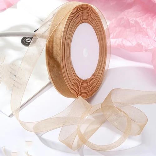 12–40 mm, 45,7 m, Organzaband zum Verpacken, für Weihnachtsfeiern, Zuhause, DIY-Verpackungen, Dekorationsbänder, handgefertigt, Hellbraun, 20 mm Organza von KENFHH