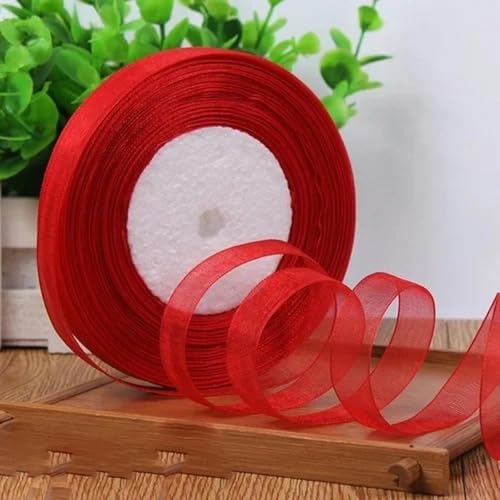 12 mm (45 Meter/Rolle) Organzaband zum Verpacken, für Weihnachtsfeiern, Zuhause, DIY-Verpackungen, Dekorationsbänder, DIY-Chiffonbänder, rot, 12 mm Organza von KENFHH