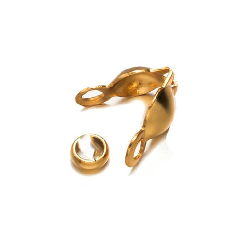 50 Stück Edelstahl-Quetschperlen-Spitzen, Knotenabdeckungen, Muschel-Faltperlen-Spitzen mit 50 Stück Endkappen für die Schmuckherstellung, Basteln, DIY-Gold, 4 x 8 mm von KENFHH