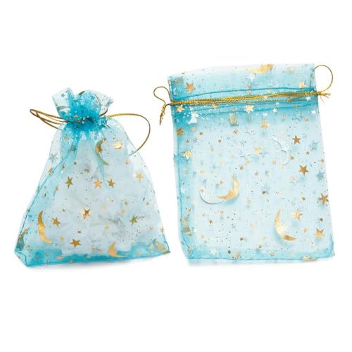 50 Stück Organza-Säckchen mit Aufdruck in mehreren Größen, Stern, Mond, Weihnachten, Charm-Verpackungsbeutel, Schmuckverpackung für den täglichen Gebrauch, Seeblau, 9 x 12 cm von KENFHH