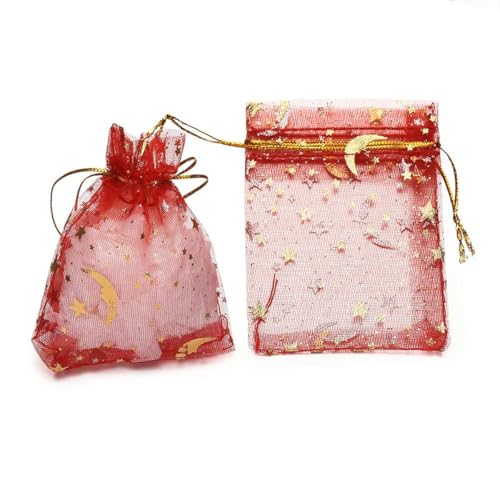 50 Stück Organza-Säckchen mit Aufdruck in mehreren Größen, Stern und Mond, Weihnachtsschmuck, Geschenkverpackung, rot, 10 x 15 cm von KENFHH