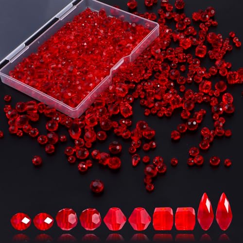 KEOGONG Kristallperlen, rote Glasperlen mit Behälterbox, verschiedene Kristallperlen, Großpackung für Schmuckherstellung, DIY, Handwerk, Halskette, Armband, Ohrring-Set (4–6 mm), 660 Stück von KEOGONG