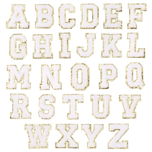 Selbstklebende Chenille-Buchstaben-Aufnäher, weiß, A-Z, mit goldfarbenem Glitzer, für Kleidung, Jacken, Rucksäcke, Hüte, 26 Stück von KEOGONG