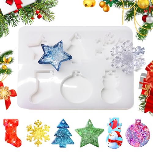 1Stk Silikonform Weihnachten, Resin Silikonformen Epoxidharz Formen Silikon Weihnachten Thema Silikonform Anhänger, Harz Gießform Weihnachtsbaum Schneeflocke Stern Resin Mold für DIY Weihnachtsschmuck von KEPKKU