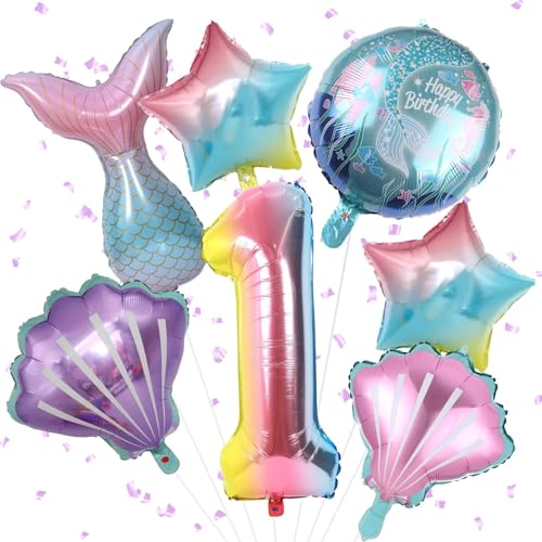 1 Geburtstag Mädchen, 8Pcs Meerjungfrau Party Luftballons-Folie Nummer 1 Ballon, Meerjungfrau Schwanz Ballons, Muschel Ballons, Geburtstag Ballons für Kindergeburtstag Meerjungfrau Party Supplies von KEPMOV