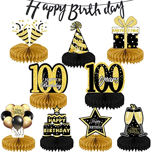 100.Geburtstag Dekoration, Schwarz Gold Geburtstag deko, 9 Stück Geburtstag Mittelstücke Dekoration und Banner Happy Birthday Girlande, 100 Tischdeko Geburtstag für Party Deko Geburtstag Männer Frauen von KEPMOV