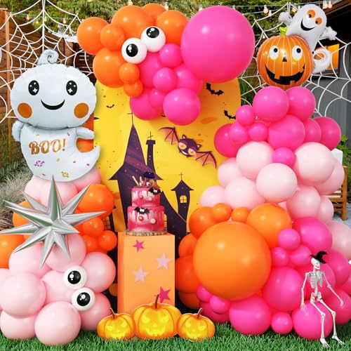 120 Stück Halloween Luftballons Girlande mit Kürbis-Geist-Explosion Stern-Folienballons, Rosa und Orange Latexpartyballons mit Augenballons Heißrosa Ballons für Halloween Party-Dekorationen von KEPMOV