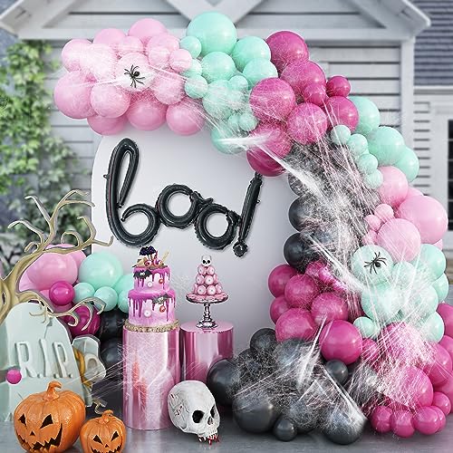 130 Stück Halloween Luftballons Arch Girland Kit, Schwarz Grün Rosa Latex Ballons Girlande Kit mit Double-Layered Retro Pfirsich Ballons BOO Folienballons Spinnennetz für Halloween Party Supplies von KEPMOV