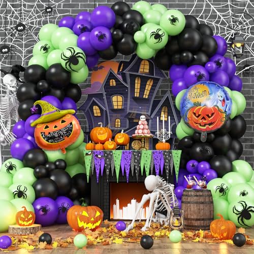 133 Stück Halloween Luftballons Girlande mit 3D-Spinnen Kürbis-Folienballons, Schwarz Grün und Lila Ballonbogen-Kit mit Kürbis Geist bedruckten Folienballons für Halloween Gruselige Kostümparty von KEPMOV