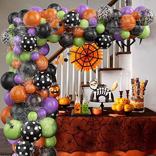 155 Stück Halloween Luftballons Girlande, Schwarz Orange Lila und Grün Ballon Girlande mit 3D Fledermäuse Spinnennetz Polka Dot Latex Ballons Konfetti Ballons für Kinder Halloween Party Dekoration von KEPMOV