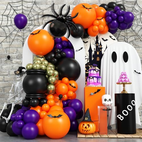 157 Stück Halloween Luftballons Girlande mit Spinnen-Folienballons, Schwarz Orange Lila Ballons mit Metallic Grün Ballons Schwarz Langen Ballonbogen mit 3D-Fledermausaufklebern für Halloween Party von KEPMOV