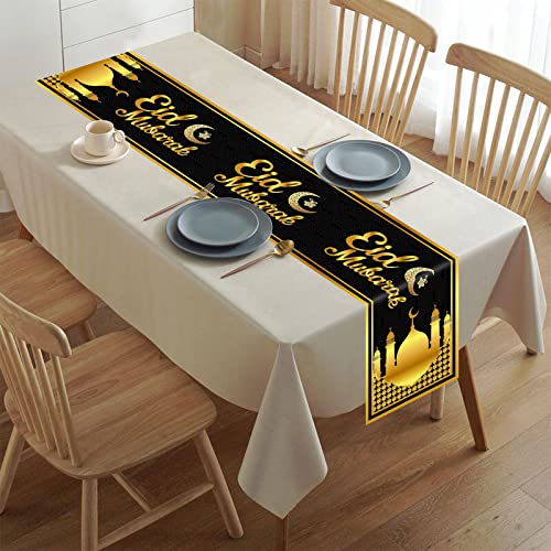 Eid Mubarak Tischläufer, Schwarz Gold Eid Mubarak Dekorationen für Tisch, Islamische Ramadan Eid Mubarak Tischdecke für Zuhause Esszimmer Muslimisch Ramadan Mubarak Festival Party Feiern, 180 x 35 cm von KEPMOV