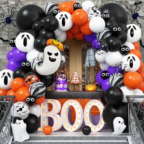 Halloween Luftballons Girlande, Orange Schwarz Luftballon mit Geisterfolienballon Fledermaus Bedruckten Ballons, 94 Stück Orange Schwarz Lila Weiß Ballons mit Marmor Achat Augenballon für Halloween von KEPMOV