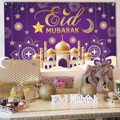 KEPMOV Eid Mubarak Backdrop Banner, Lila und Gold Große Stoff Ramadan Banner Ramadan Dekorationen für Zuhause Mubarak Banner Schild Photo Booth Hintergrund mit Seil für Muslim Ramadan Party von KEPMOV