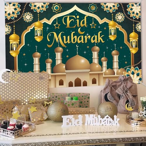 KEPMOV Eid Mubarak Banner Grün Gold, Ramadan Mubarak Backdrop Banner Ramadan Dekorationen für Hause, Große Stoff Ramadan Mubarak Zeichen Banner für Muslimische Festival Fotografie Wand Hintergrund von KEPMOV