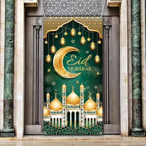 KEPMOV Eid Mubarak Türbanner, Grün Gold Ramadan Mubarak Türabdeckung Ramadan Dekorationen für Zuhause, Eid Mubarak Ramadan Hintergrund mit Mondburgen Zeichen für Muslimische Wanddekoration Party von KEPMOV