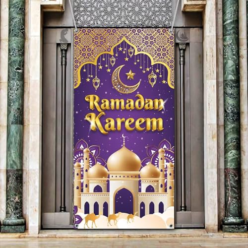 KEPMOV Ramadan Kareem Tür Banner, Lila und Gold Ramadan Mubarak Türabdeckung Ramadan Dekorationen für Haus, Große Eid Mubarak Kareem Hintergrund mit Mondschlösser Zeichen für Muslimische von KEPMOV